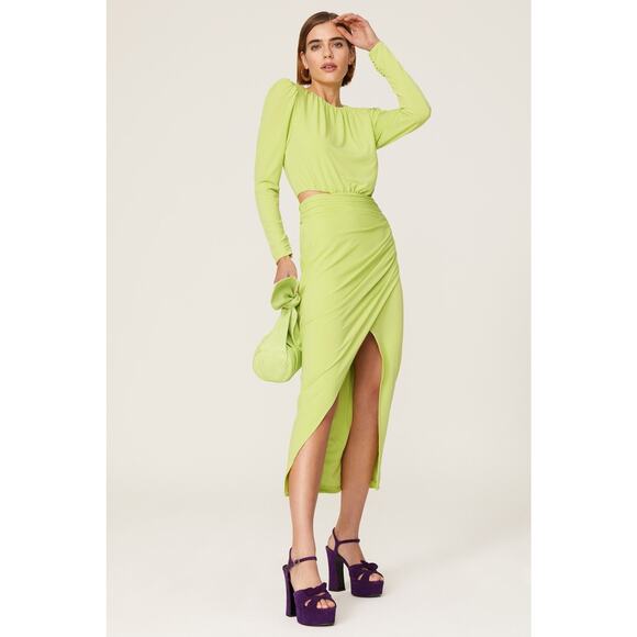 Self-Portrait Long Sleeve Green Jersey Padded Shoulder Cutout Maxi Dress Size 2 - Picture 1 of 5